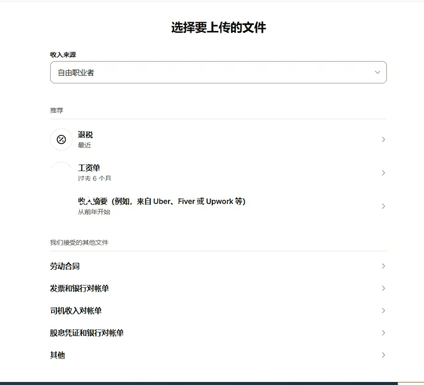 Wise 收入证明文件类型选择页面
