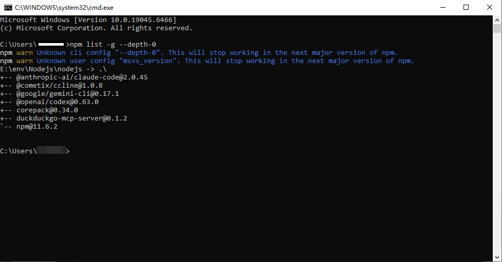 npm list -g --depth-0 正常执行的输出示例